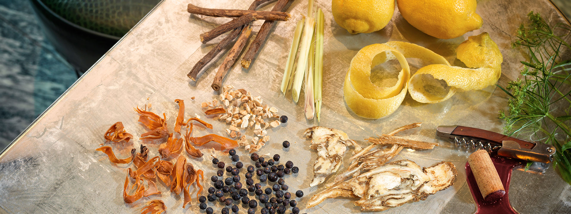 Spread of the botanical ingredients in The Connaught Bar Gin in Mayfair