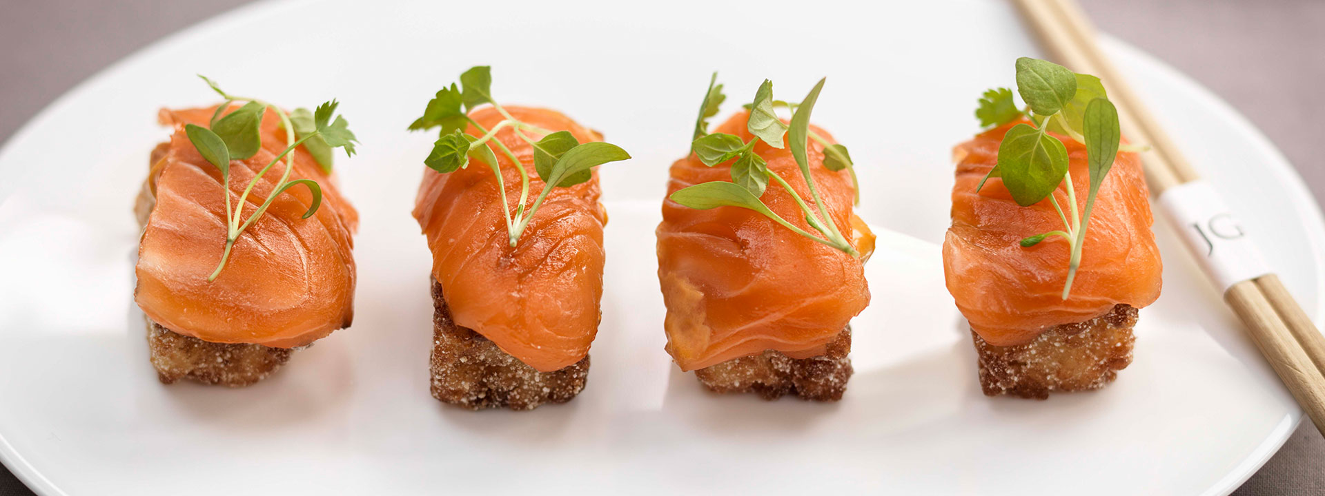 Salmon sushi at Jean-Georges restaurant at The Connaught in Mayfair