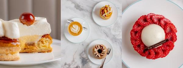 A picture of a Saint Honoré cake cut in half, next to a picture of two cakes and a coffee on a table, and next to a picture of a raspberry and vanilla cake.